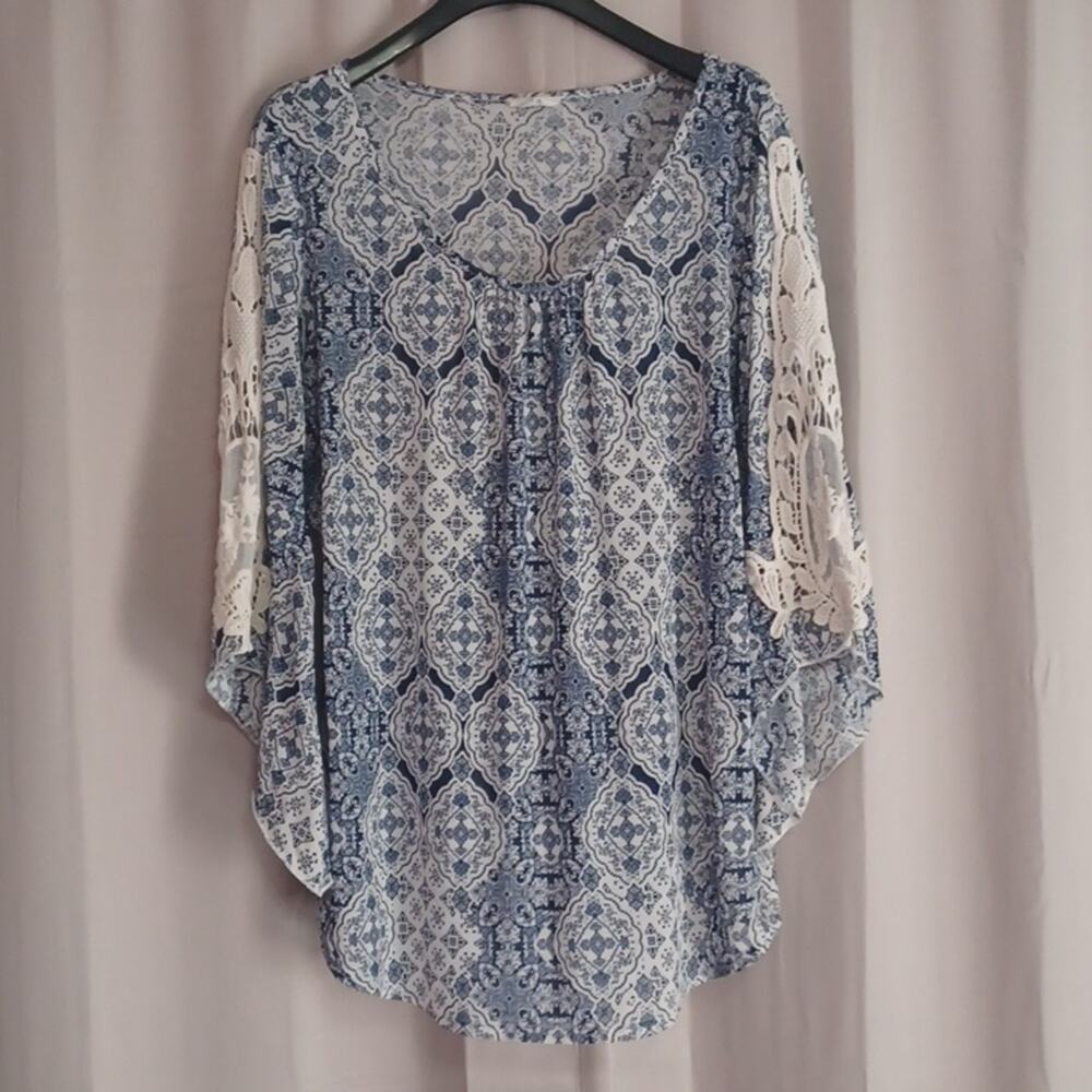 Ember Sheer Patterned Bohemian Tunic Lace Handkerchief Bell Sleeves Stretch